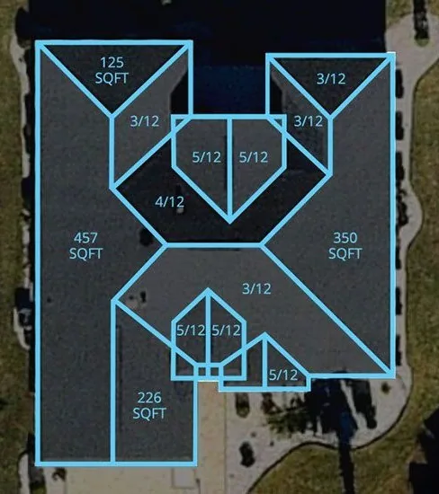 Satellite roof measurement with color-coded pitch callouts and square footage for each roof plane
