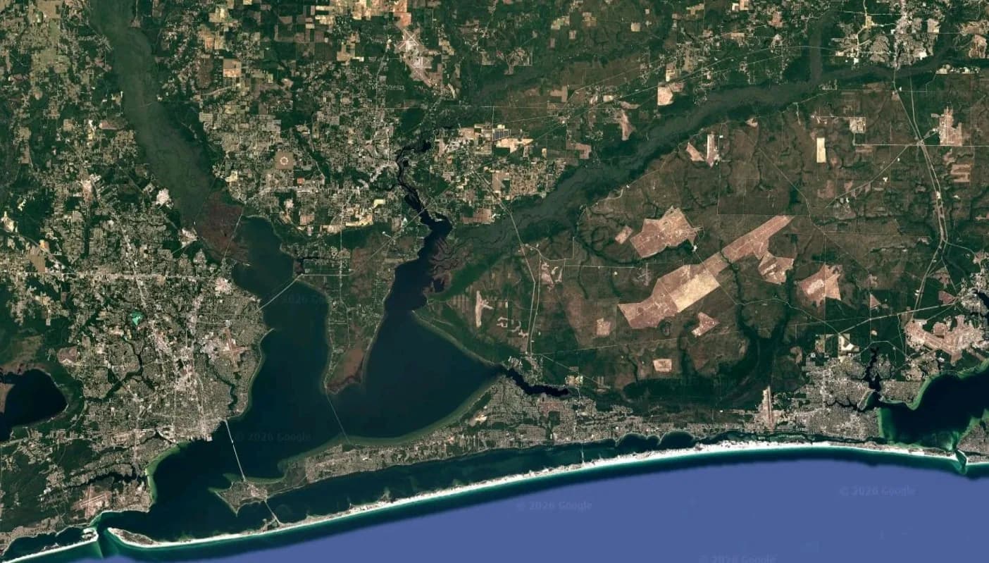 Aerial satellite photo of Escambia, Santa Rosa, and Okaloosa Counties along the Florida Panhandle Gulf Coast